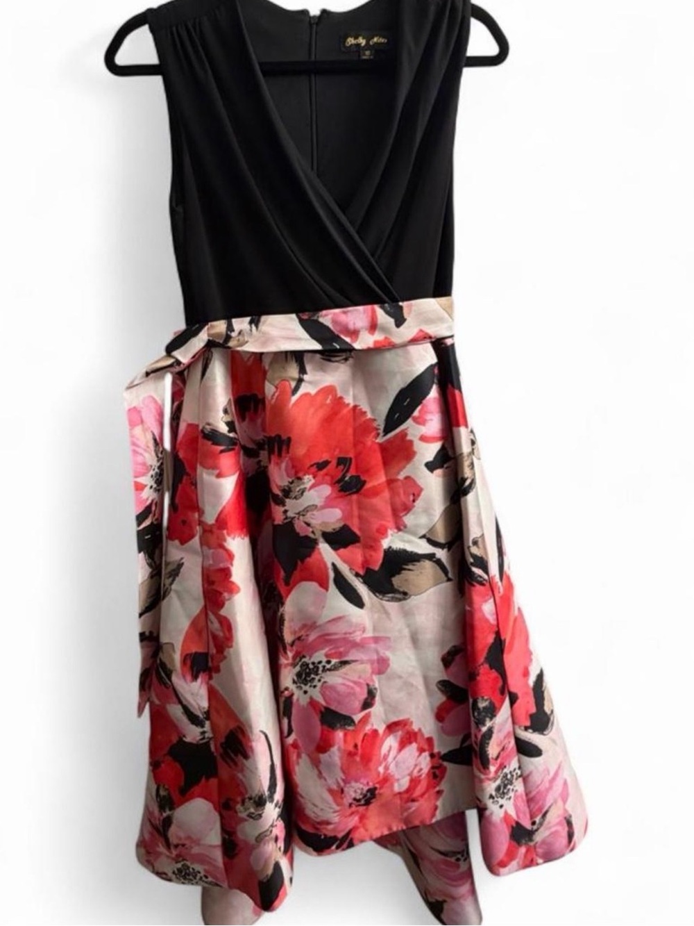 Sleeveless Black Bodice High-Low Floral Dress in Pink & Red